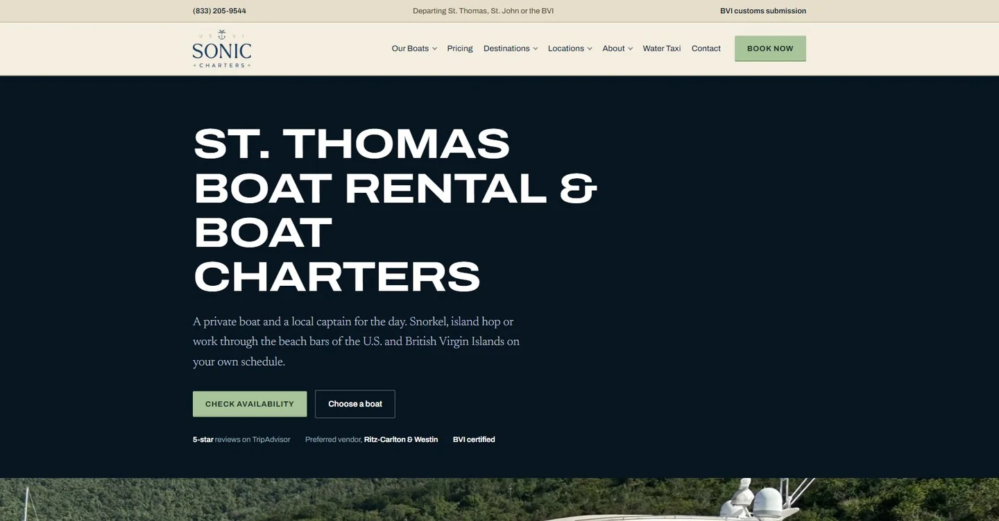 Current Sonic Charters website homepage