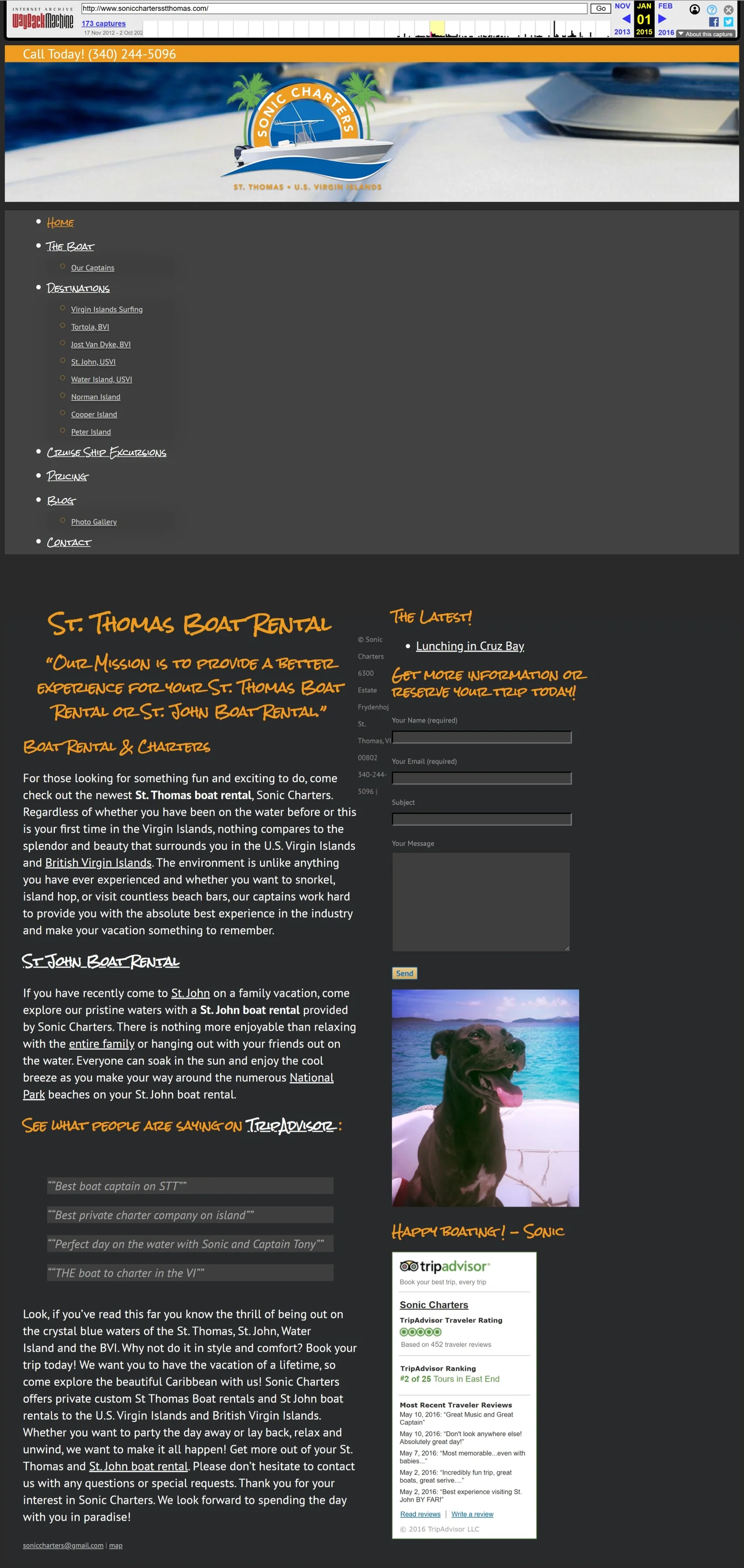 Original Sonic Charters website shown in an incomplete archive replay