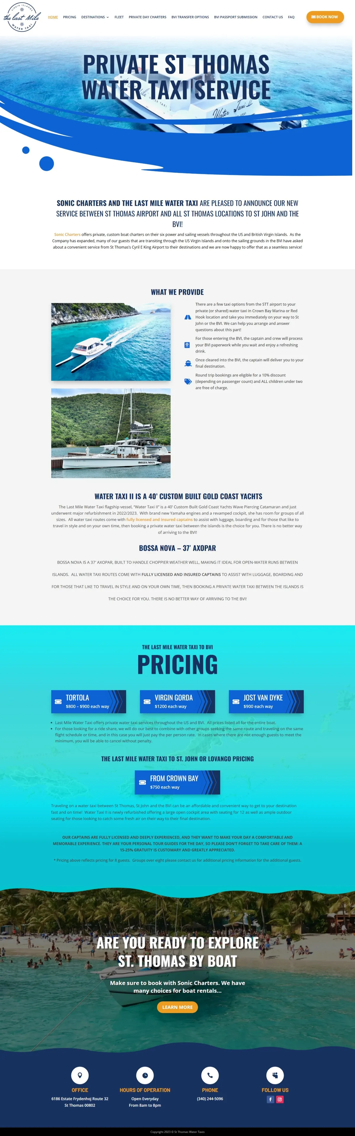 Earlier St. Thomas Water Taxis website built by Global MCS, with water taxi services, boats, and pricing